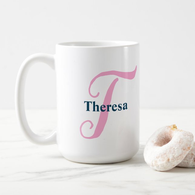 Personalized Pink Monogram Letter T Custom Name Coffee Mug (With Donut)