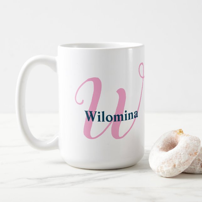 Personalized Pink Monogram Letter W Custom Name Coffee Mug (With Donut)