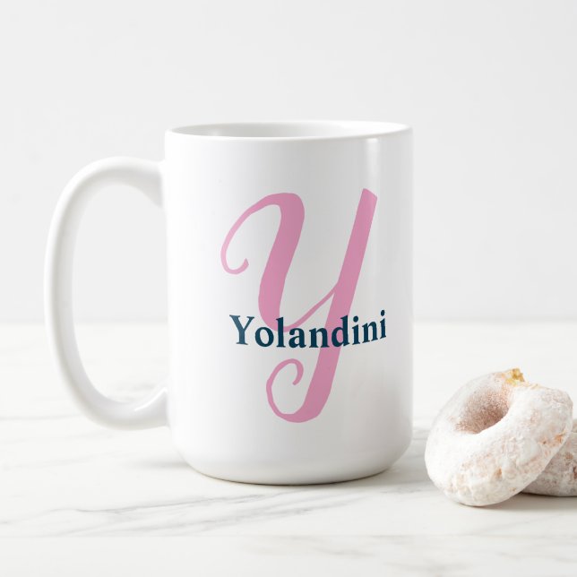 Personalized Pink Monogram Letter Y Custom Name Coffee Mug (With Donut)