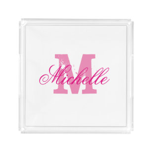 Personalized pink monogram transparent vanity tray