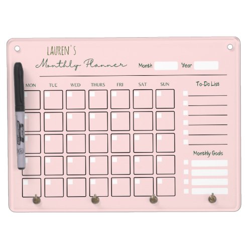 Personalized pink monthly planner dry erase board