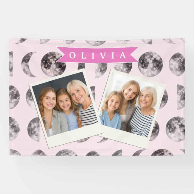 Personalized Pink Moon Phase Celestial Name Gift Banner (Horizontal)