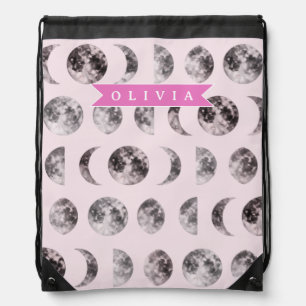 Personalized Pink Moon Phase Celestial Name Gift Drawstring Bag