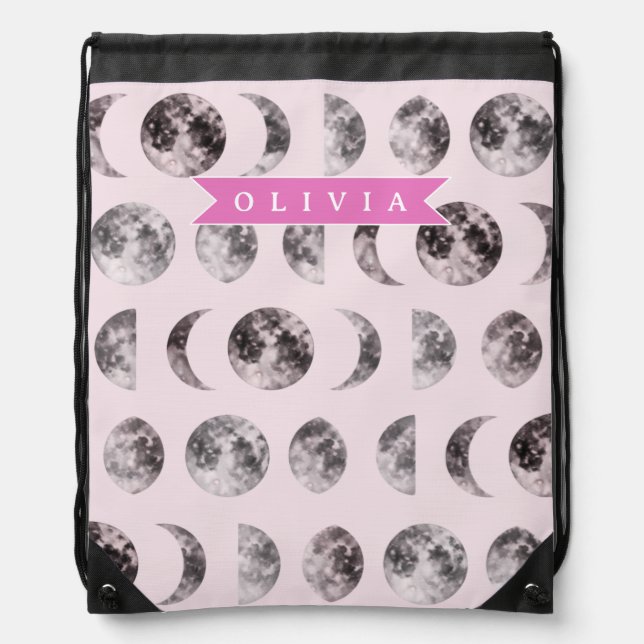 Personalized Pink Moon Phase Celestial Name Gift Drawstring Bag (Front)