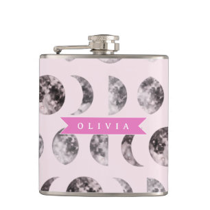 Personalized Pink Moon Phase Celestial Name Gift Flask