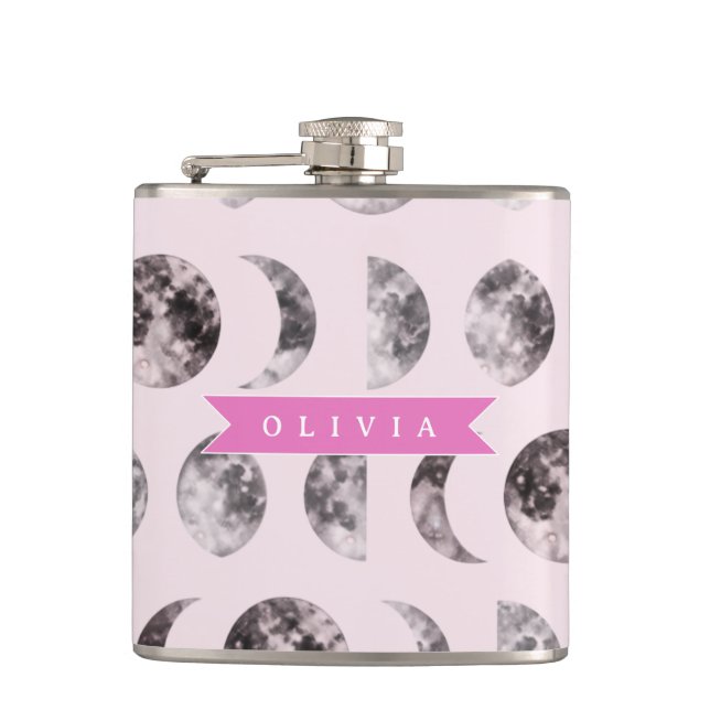 Personalized Pink Moon Phase Celestial Name Gift Flask (Front)