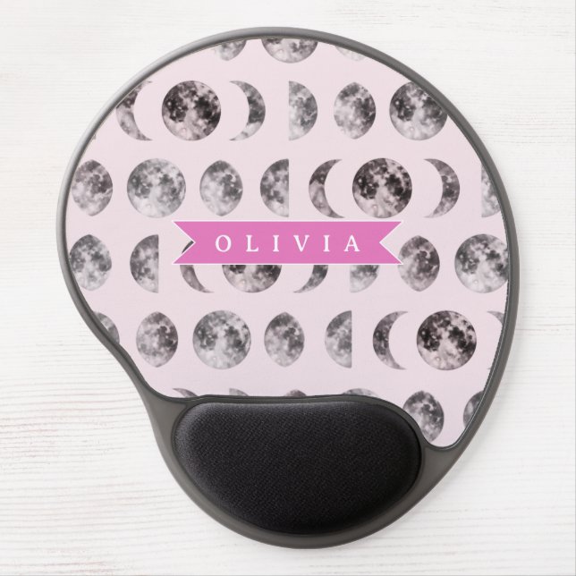 Personalized Pink Moon Phase Celestial Name Gift Gel Mouse Pad (Front)