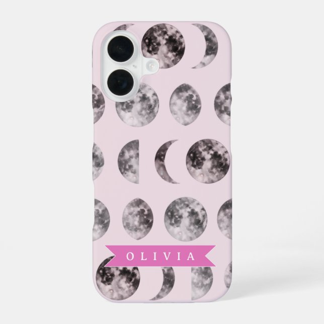 Personalized Pink Moon Phase Celestial Name Gift iPhone Case (Back)