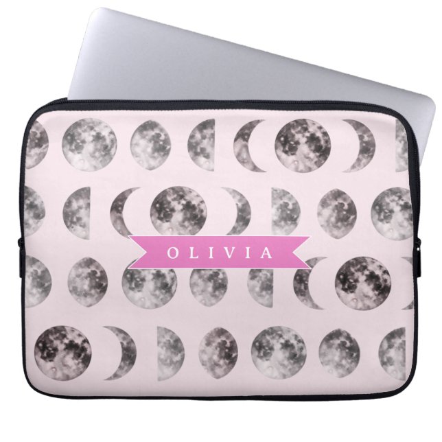 Personalized Pink Moon Phase Celestial Name Gift Laptop Sleeve (Front)