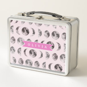 Personalized Pink Moon Phase Celestial Name Gift Metal Lunch Box