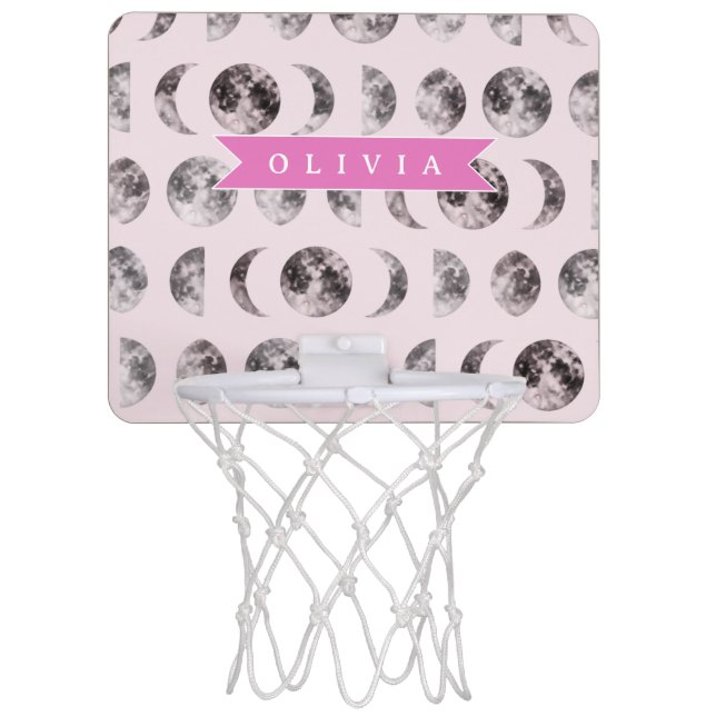 Personalized Pink Moon Phase Celestial Name Gift Mini Basketball Hoop (Front)