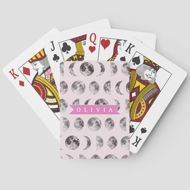 Personalized Pink Moon Phase Celestial Name Gift Poker Cards (Back)