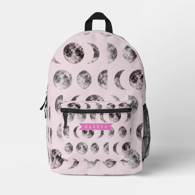 Personalized Pink Moon Phase Celestial Name Gift Printed Backpack (Front)