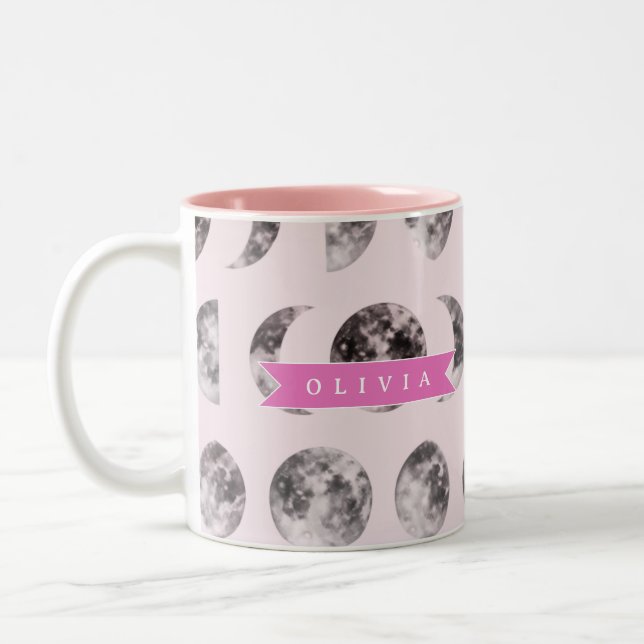 Personalized Pink Moon Phase Celestial Name Gift Two-Tone Coffee Mug (Left)
