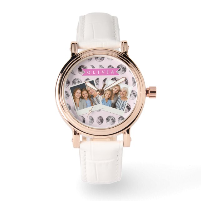 Personalized Pink Moon Phase Celestial Name Gift Watch (Front)