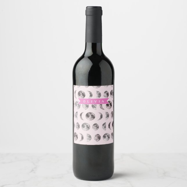 Personalized Pink Moon Phase Celestial Name Gift Wine Label (Front)