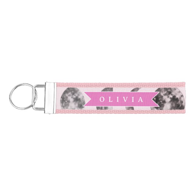 Personalized Pink Moon Phase Celestial Name Gift Wrist Keychain (Keys on Left)