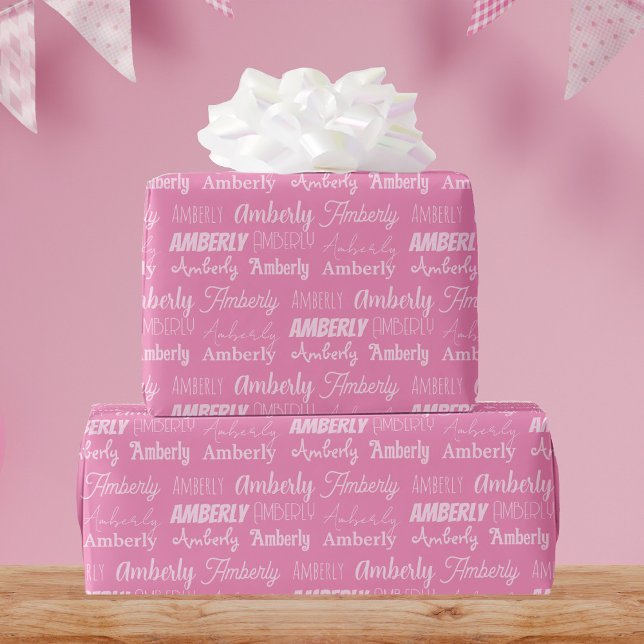 Personalized Pink Name Cute Fonts Collage Birthday Wrapping Paper (Creator Uploaded)
