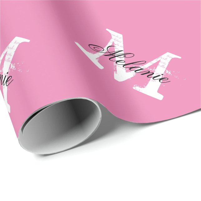 Personalized pink name monogram wrapping paper (Roll Corner)