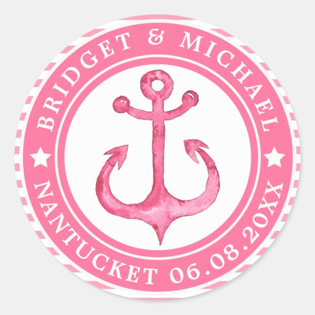 Personalized Pink Nautical Anchor Wedding Stickers (Front)