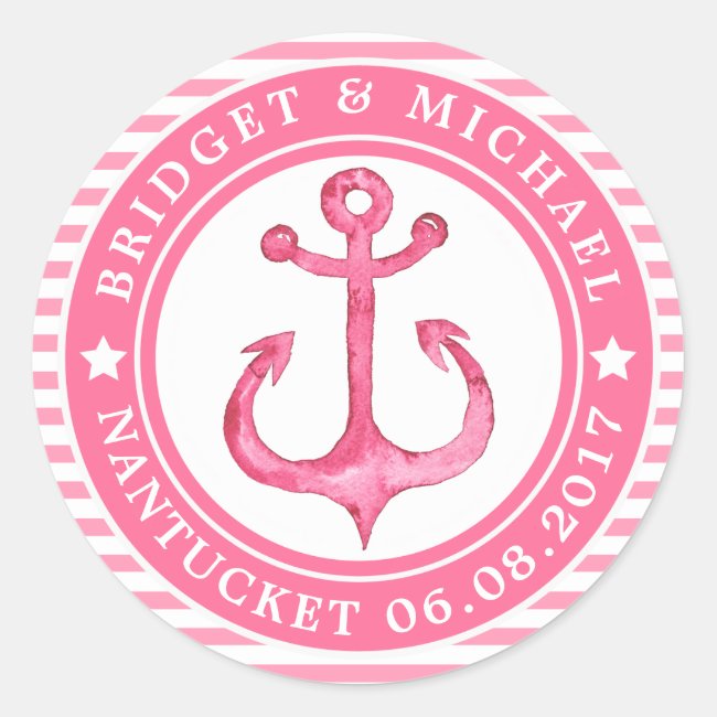 Personalized Pink Nautical Anchor Wedding Stickers