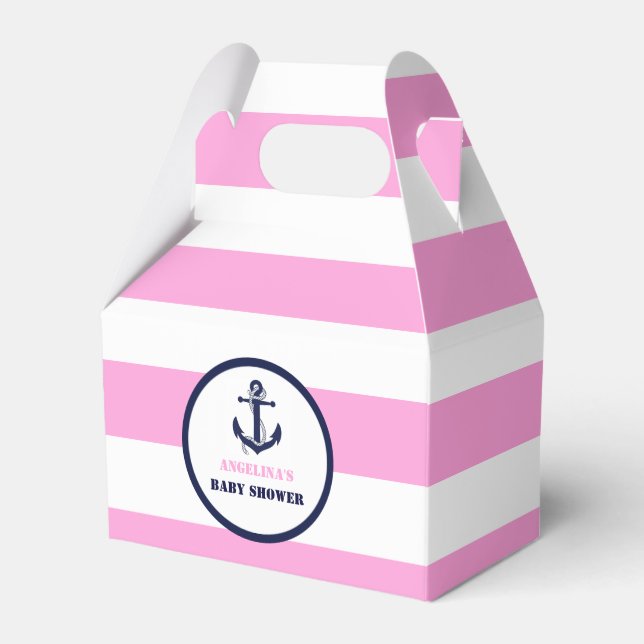 Personalized Pink/Navy Girl Nautical Baby Shower Favor Boxes (Front Side)