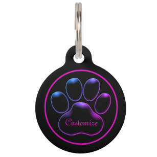 Personalized Pink Neon Glow Paw Print Pet ID Tag