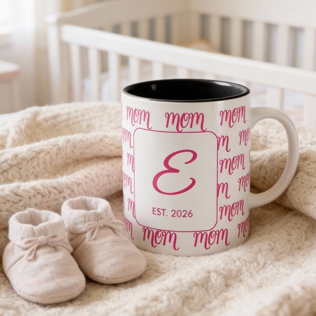 Personalized Pink New Mom Monogram Established Two-Tone Coffee Mug (Creator Uploaded)