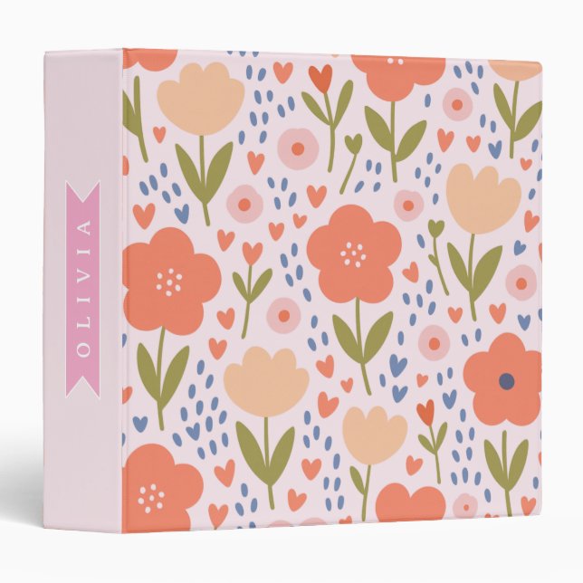 Personalized pink nordic cute folk floral pattern 3 ring binder (Front/Spine)