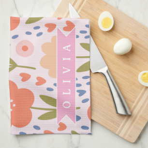 Personalized pink nordic cute folk floral pattern kitchen towel