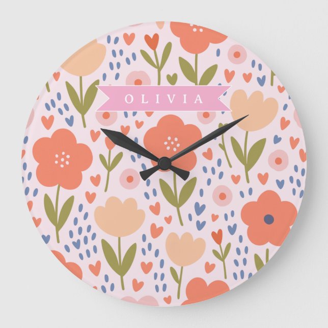 Personalized pink nordic cute folk floral pattern large clock (Front)