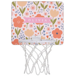 Personalized pink nordic cute folk floral pattern mini basketball hoop