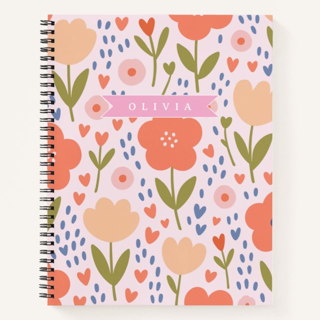 Personalized pink nordic cute folk floral pattern notebook (Front)