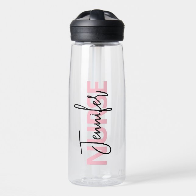 Personalized Pink Nurse Typography Water Bottle (Front)