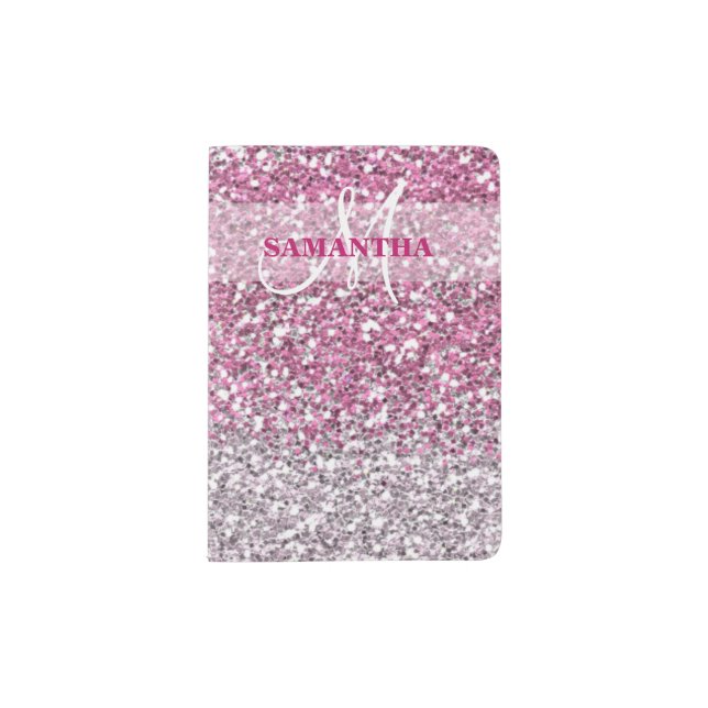 Personalized Pink Ombre Glitter Name Monogram Passport Holder (Front)