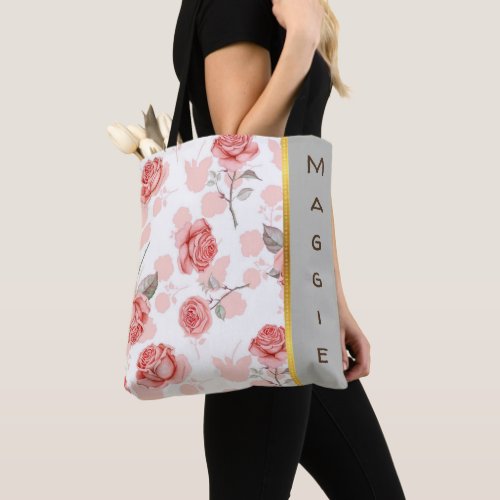 Personalized Pink on White Rose Design Tote Bag