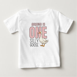 Personalized Pink One Silly Goose First Birthday Baby T-Shirt