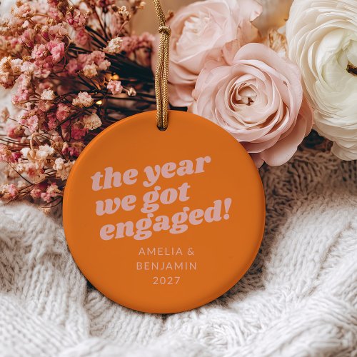 Personalized Pink Orange First Christmas Engaged Ceramic Ornament