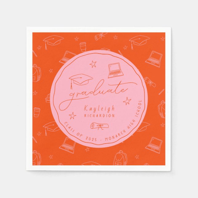 Personalized Pink Orange Graduation Party Napkins (Front)