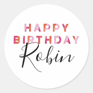 Personalized Pink Orange Letters Happy Birthday Classic Round Sticker