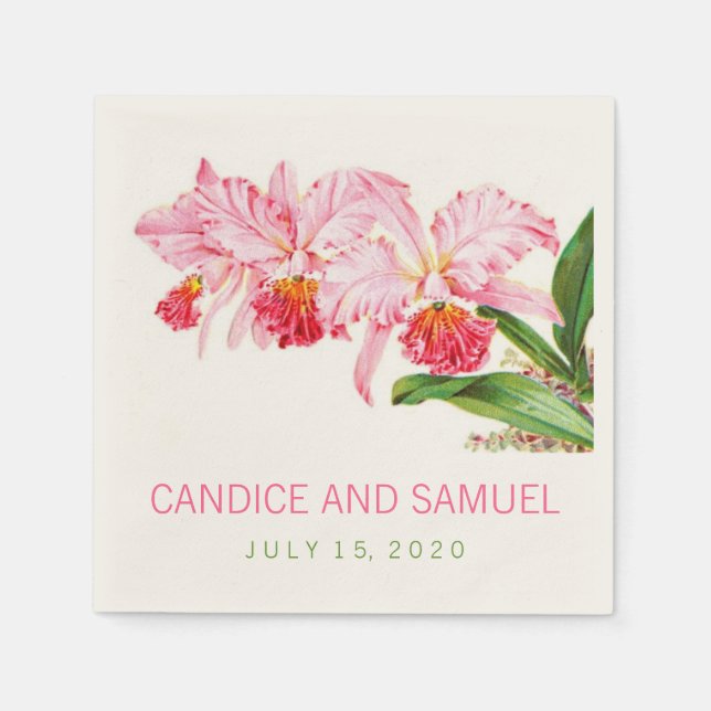 PERSONALIZED PINK ORCHIDS WEDDING PAPER NAPKINS (Front)