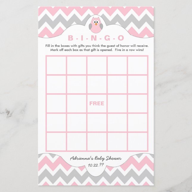 Personalized Pink owl girl baby shower games bingo (Front)