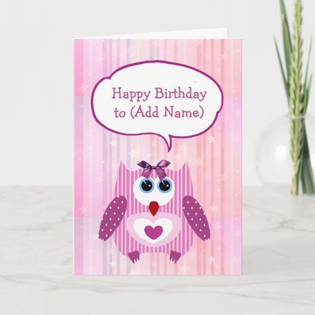 Personalized Pink Owl Happy Birthday Card (Front)