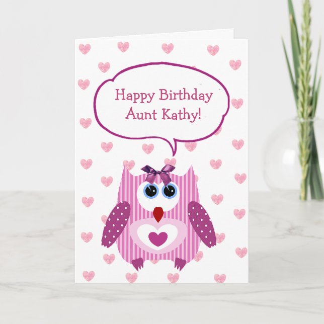 Personalized Pink Owl Happy Birthday Card for Aunt (Front)