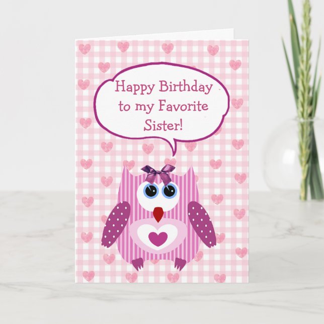Personalized Pink Owl Happy Birthday Card Sister (Front)