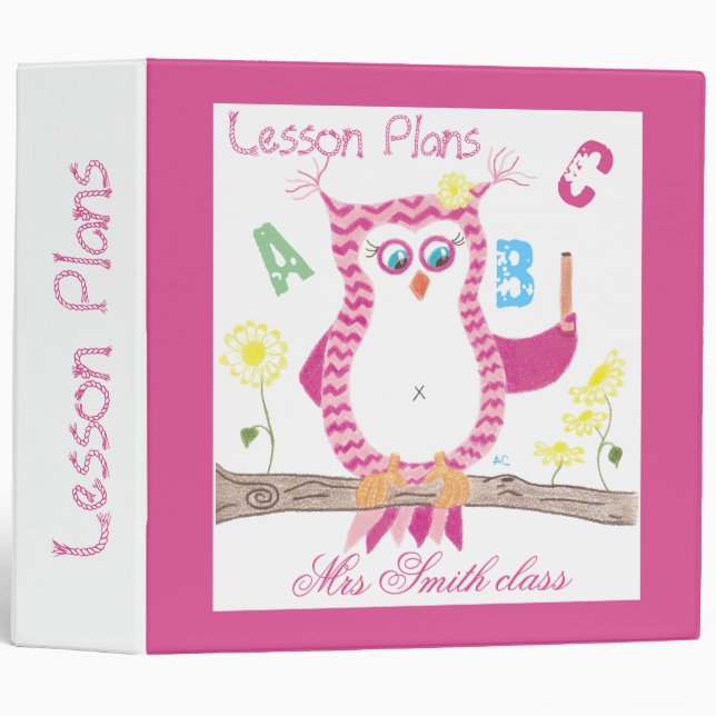 Personalized pink owl teacher binder (Front/Spine)