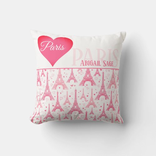Personalized Pink Paris Heart Eiffel Tower Chic Throw Pillow