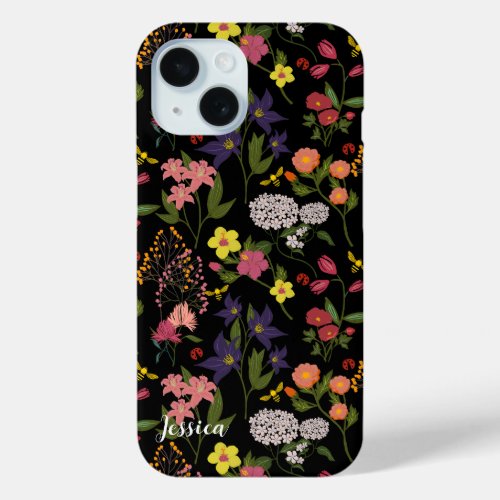 PersonalizedPink Pastel  WildflowerBeeLadyBug iPhone 15 Case