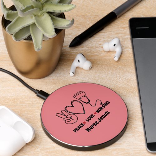 Personalized Pink Peace Love Nursing Appreciation Wireless Charger