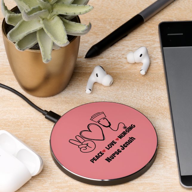 Personalized Pink Peace Love Nursing Appreciation Wireless Charger (Desk 2)